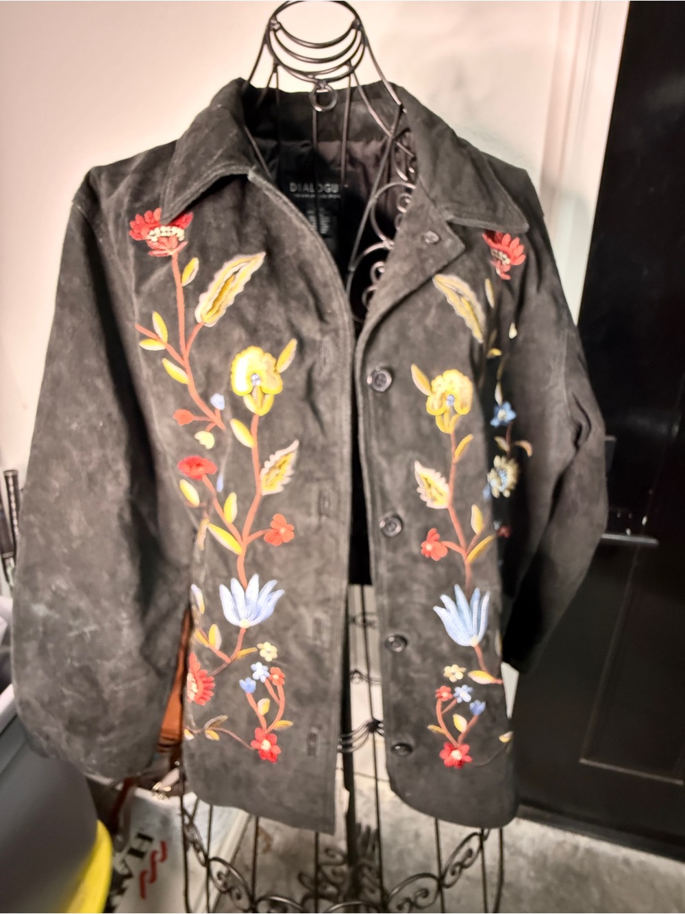 Dialogue Black Embroidered Floral Suede-Style Jacket